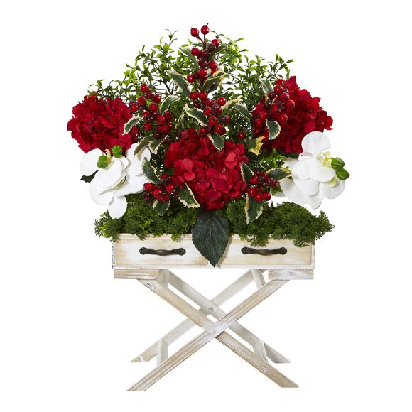 26 Hydrangea Phalaenopsis Orchid and Holly Berry Artificial Arrangement in Drawer Planter - SKU #A1100