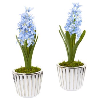 13 Hyacinth Artificial Arrangement in White Vase with Silver Trimming Set of 2 - SKU #A1105-S2