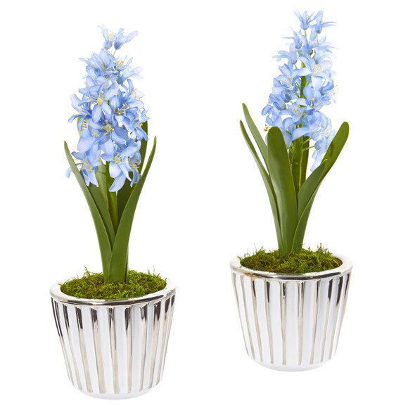 13 Hyacinth Artificial Arrangement in White Vase with Silver Trimming Set of 2 - SKU #A1105-S2