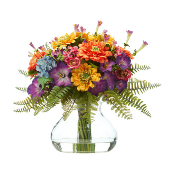 11 Mixed Flowers Artificial Arrangement in Glass Vase - SKU #A1116