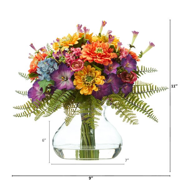 11 Mixed Flowers Artificial Arrangement in Glass Vase - SKU #A1116 - 1