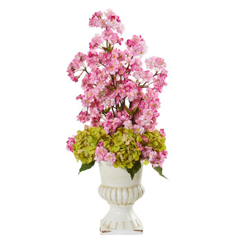 29 Hydrangea and Cherry Blossom Artificial Arrangement in White Urn - SKU #A1117
