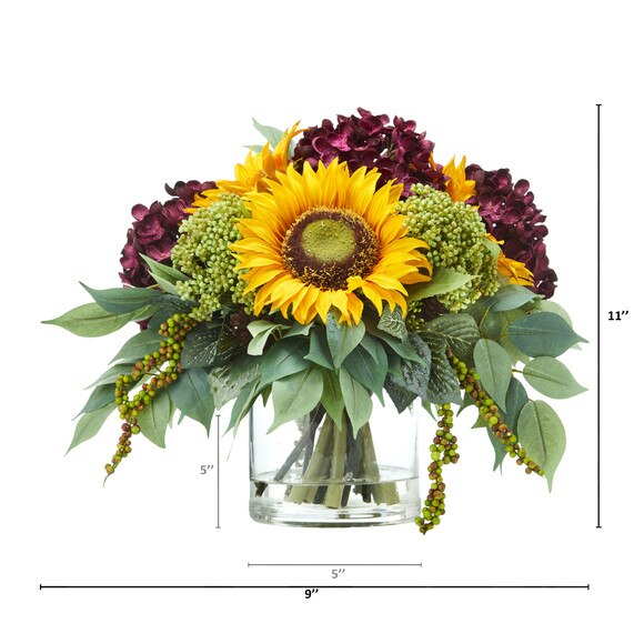 11 Sunflower and Hydrangea Artificial Arrangement - SKU #A1122-PP - 1
