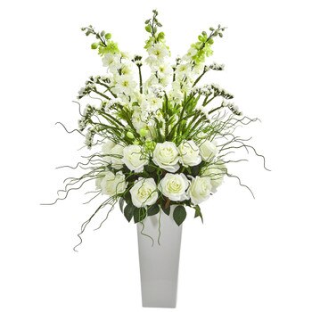 35 Delphinium and Rose Artificial Arrangement in White Planter - SKU #A1131-WH