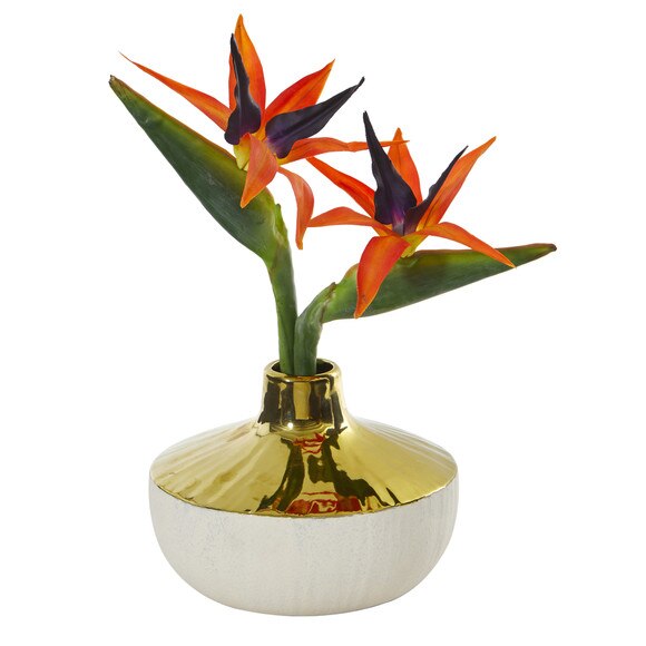 14 Bird of Paradise Artificial Arrangement in Gold and Cream Elegant Vase - SKU #A1141