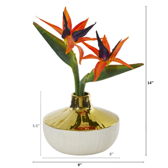 14 Bird of Paradise Artificial Arrangement in Gold and Cream Elegant Vase - SKU #A1141 - 1
