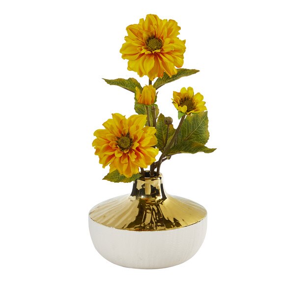 15 Zinnia Artificial Arrangement in Gold and Cream Elegant Vase - SKU #A1144-YL