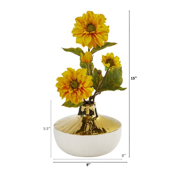15 Zinnia Artificial Arrangement in Gold and Cream Elegant Vase - SKU #A1144-YL - 1