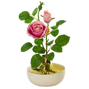 16 Rose Artificial Arrangement in Gold and Cream Elegant Vase - SKU #A1145-PK