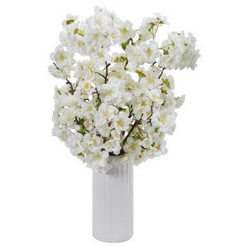 18 Cherry Blossom Artificial Arrangement in White Vase - SKU #A1153-WH