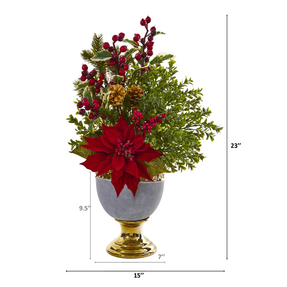 23 Poinsettia and Boxwood Artificial Arrangement in Stoneware Urn with Gold Trimming - SKU #A1164 - 1