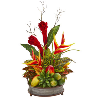 28 Mixed Tropical Arrangement in Metal Tray with Copper Trimming - SKU #A1173