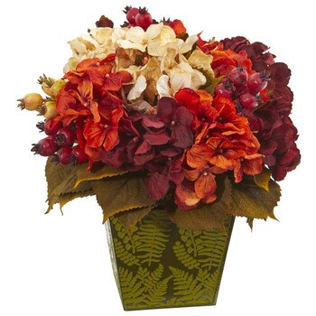 13 Autumn Hydrangea Berry Artificial Arrangement in Green Vase - SKU #A1175