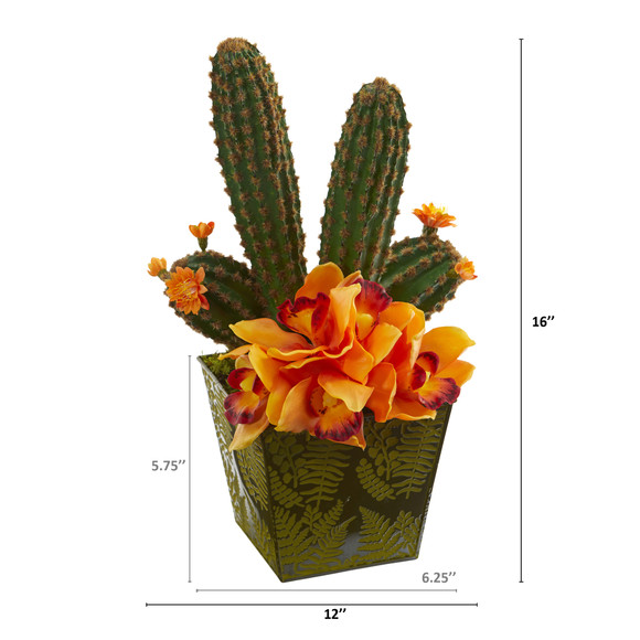16 Cymbidium Orchid and Cactus Artificial Arrangement in Green Vase - SKU #A1176 - 1