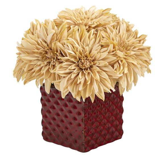 11 Dahlia Artificial Arrangement in Red Ceramic Cube - SKU #A1181-CR