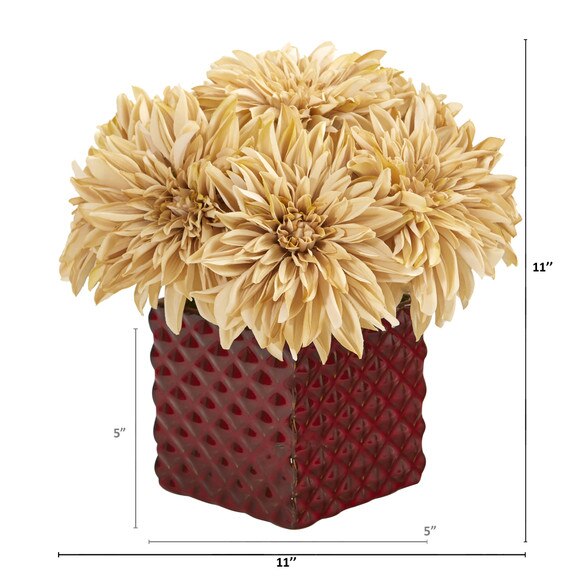 11 Dahlia Artificial Arrangement in Red Ceramic Cube - SKU #A1181-CR - 1