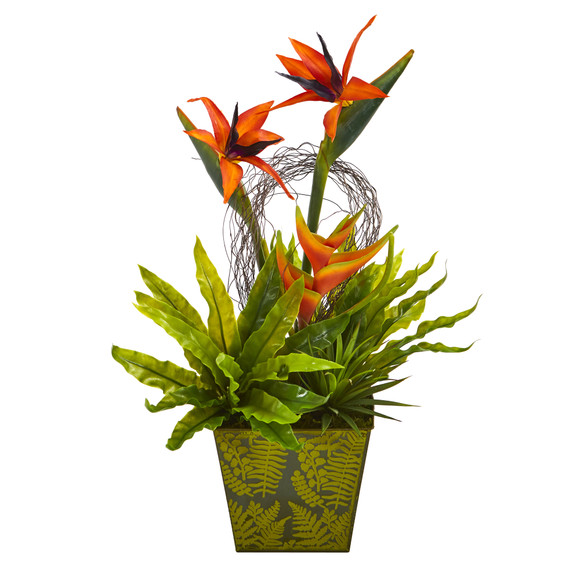 20 Tropical and Succulent Artificial Arrangement in Green Vase - SKU #A1191