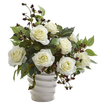 14 Rose and Mixed Greens Artificial Arrangement in White Vase - SKU #A1215-WH