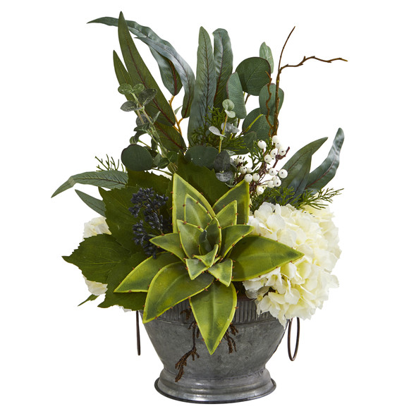 Hydrangea Succulent and Eucalyptus Artificial Arrangement in Vintage Bowl with Copper Trimming - SKU #A1216