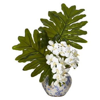 22 Phalaenopsis Orchid and Philo Leaf Artificial Arrangement in Floral Vase - SKU #A1219