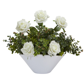 16 Roses and Eucalyptus Artificial Arrangement in White Vase - SKU #A1224-WH