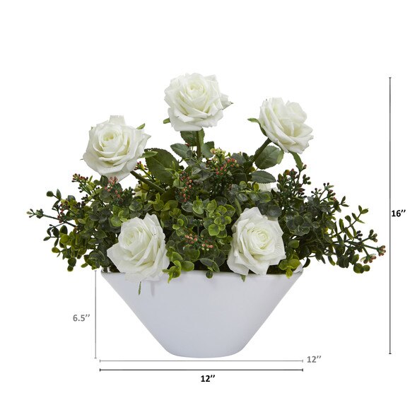 16 Roses and Eucalyptus Artificial Arrangement in White Vase - SKU #A1224-WH - 1