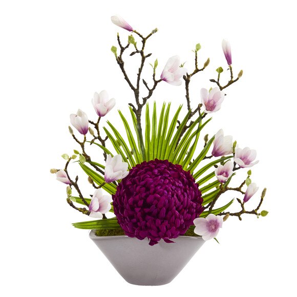 19 Mum Magnolia and Fan Palm Artificial Arrangement in Vase - SKU #A1228