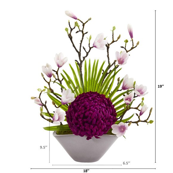 19 Mum Magnolia and Fan Palm Artificial Arrangement in Vase - SKU #A1228 - 1