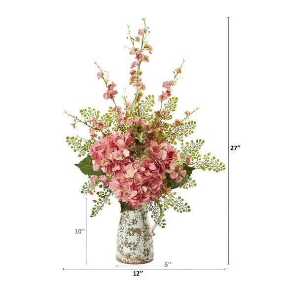 27 Cherry Blossom Hydrangea and Maiden Hair Artificial Arrangement in Floral Pitcher - SKU #A1237-PK - 1