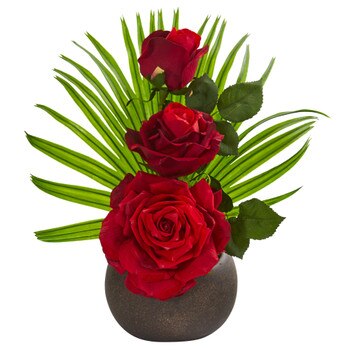 14 Elegant Rose Artificial Arrangement in Stone Brown Vase - SKU #A1251
