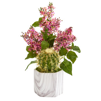 18 Lilac and Cactus Artificial Arrangement in Marble Vase - SKU #A1252