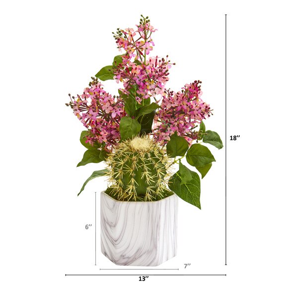 18 Lilac and Cactus Artificial Arrangement in Marble Vase - SKU #A1252 - 1