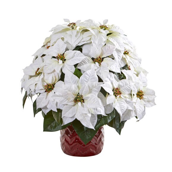 21 White Poinsettia Artificial Arrangement in Red Vase - SKU #A1255