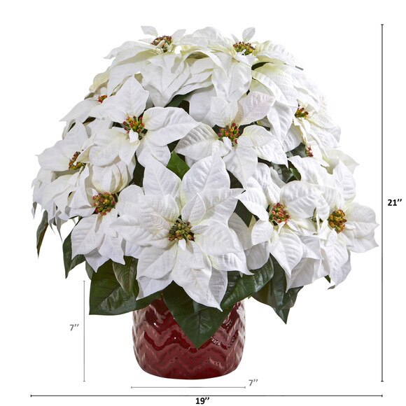 21 White Poinsettia Artificial Arrangement in Red Vase - SKU #A1255 - 1