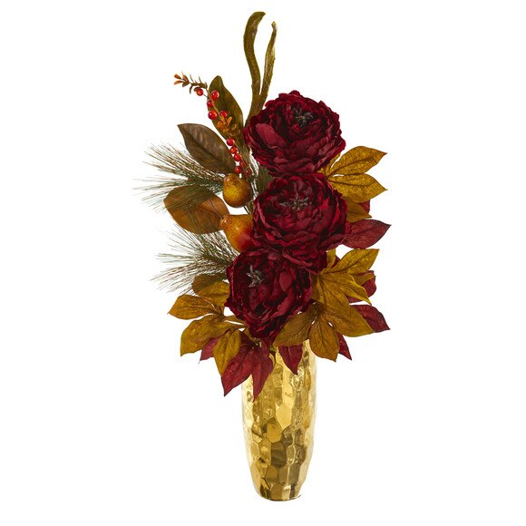 30 Peony Pear and Magnolia Leaf Artificial Arrangement in Gold Vase - SKU #A1261-BU