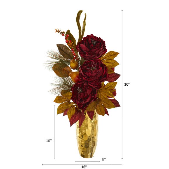 30 Peony Pear and Magnolia Leaf Artificial Arrangement in Gold Vase - SKU #A1261-BU - 1