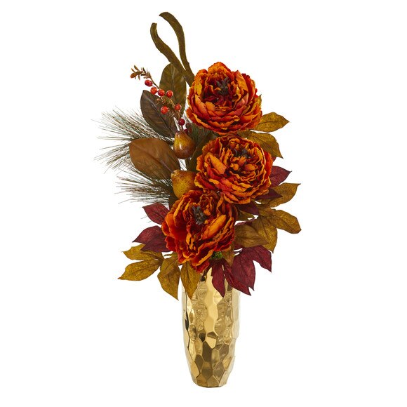 30 Peony Pear and Magnolia Leaf Artificial Arrangement in Gold Vase - SKU #A1261-BU - 2