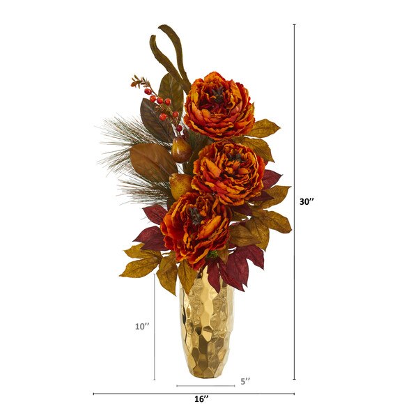 30 Peony Pear and Magnolia Leaf Artificial Arrangement in Gold Vase - SKU #A1261-BU - 3