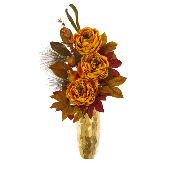 30 Peony Pear and Magnolia Leaf Artificial Arrangement in Gold Vase - SKU #A1261-BU - 4