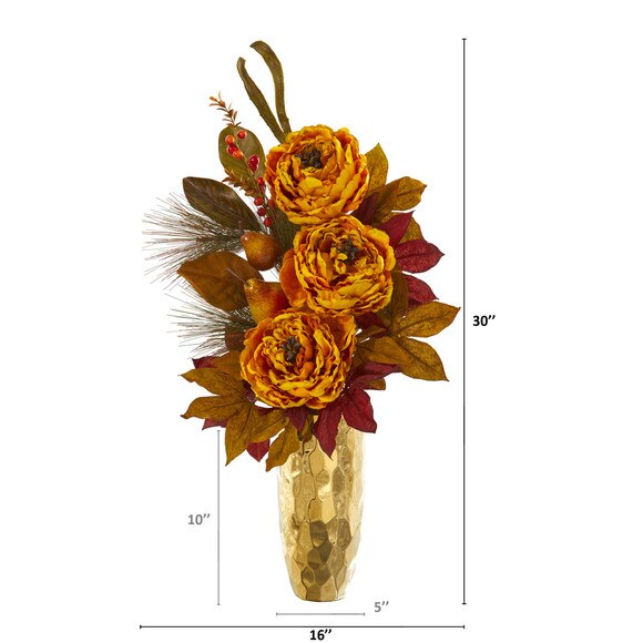 30 Peony Pear and Magnolia Leaf Artificial Arrangement in Gold Vase - SKU #A1261-BU - 5