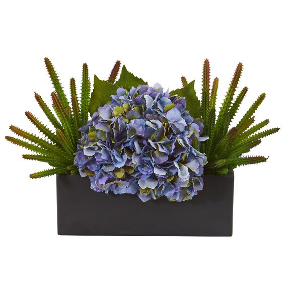 16 Hydrangea and Succulent Artificial Arrangement in Matte Black Vase - SKU #A1291