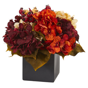 12 Autumn Hydrangea Berry Artificial Arrangement in Black Vase - SKU #A1293