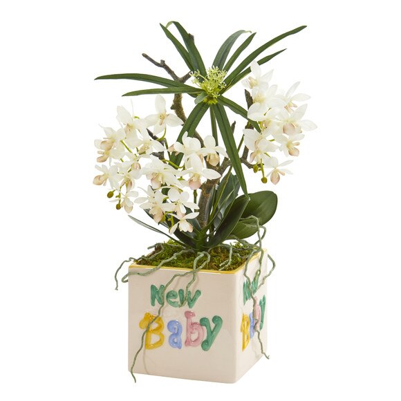 16 Orchid Phalaenopsis and Cyperus Artificial Arrangement in New Baby Vase - SKU #A1311