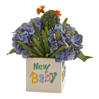13 Hydrangea and Cactus Artificial Arrangement in New Baby Vase - SKU #A1320