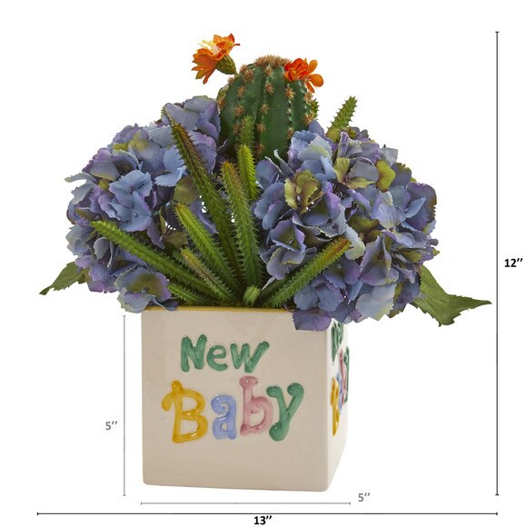 13 Hydrangea and Cactus Artificial Arrangement in New Baby Vase - SKU #A1320 - 1