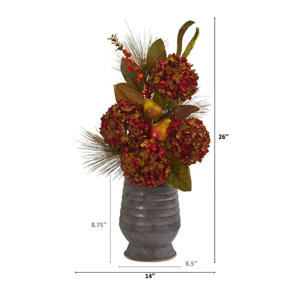 26 Hydrangea Pear and Magnolia Artificial Arrangement in Metal Vase - SKU #A1329 - 1