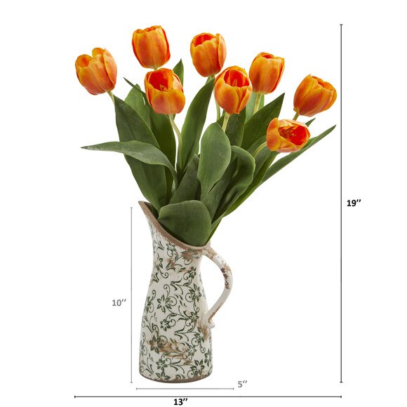 19 Tulip Artificial Arrangement in Floral Pitcher - SKU #A1332-RD - 7