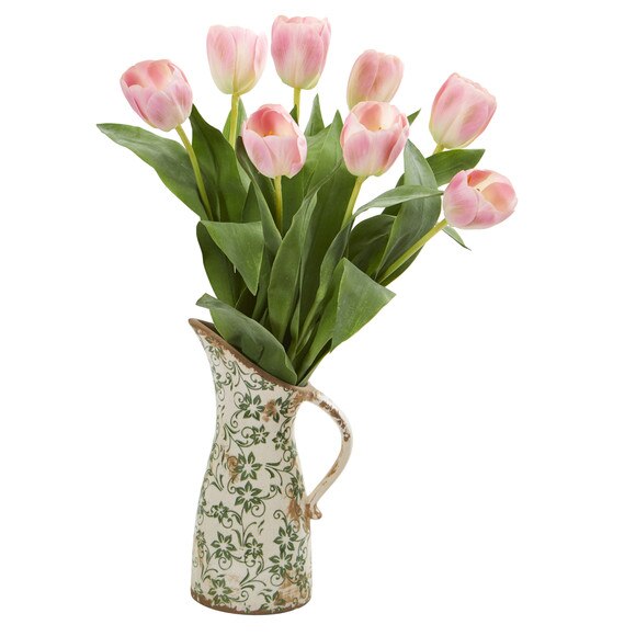 19 Tulip Artificial Arrangement in Floral Pitcher - SKU #A1332-RD - 2