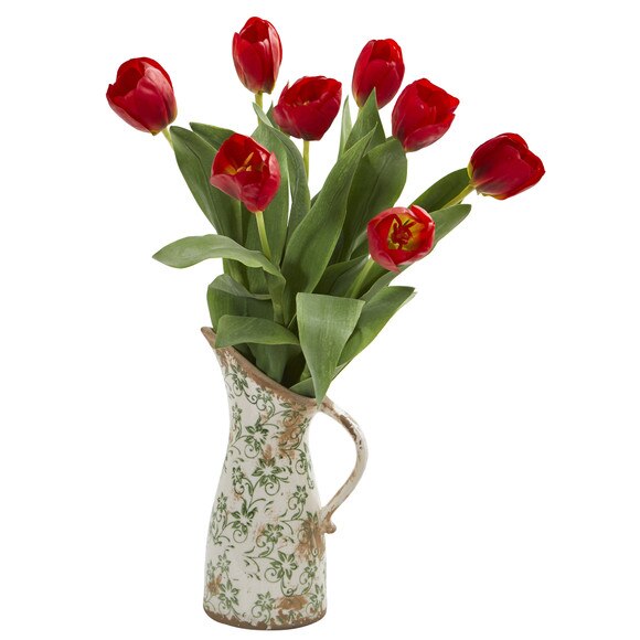 19 Tulip Artificial Arrangement in Floral Pitcher - SKU #A1332-RD