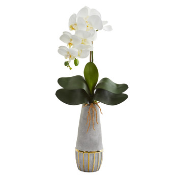 24 Phalaenopsis Orchid Artificial Arrangement in Stoneware Vase with Gold Trimming - SKU #A1346
